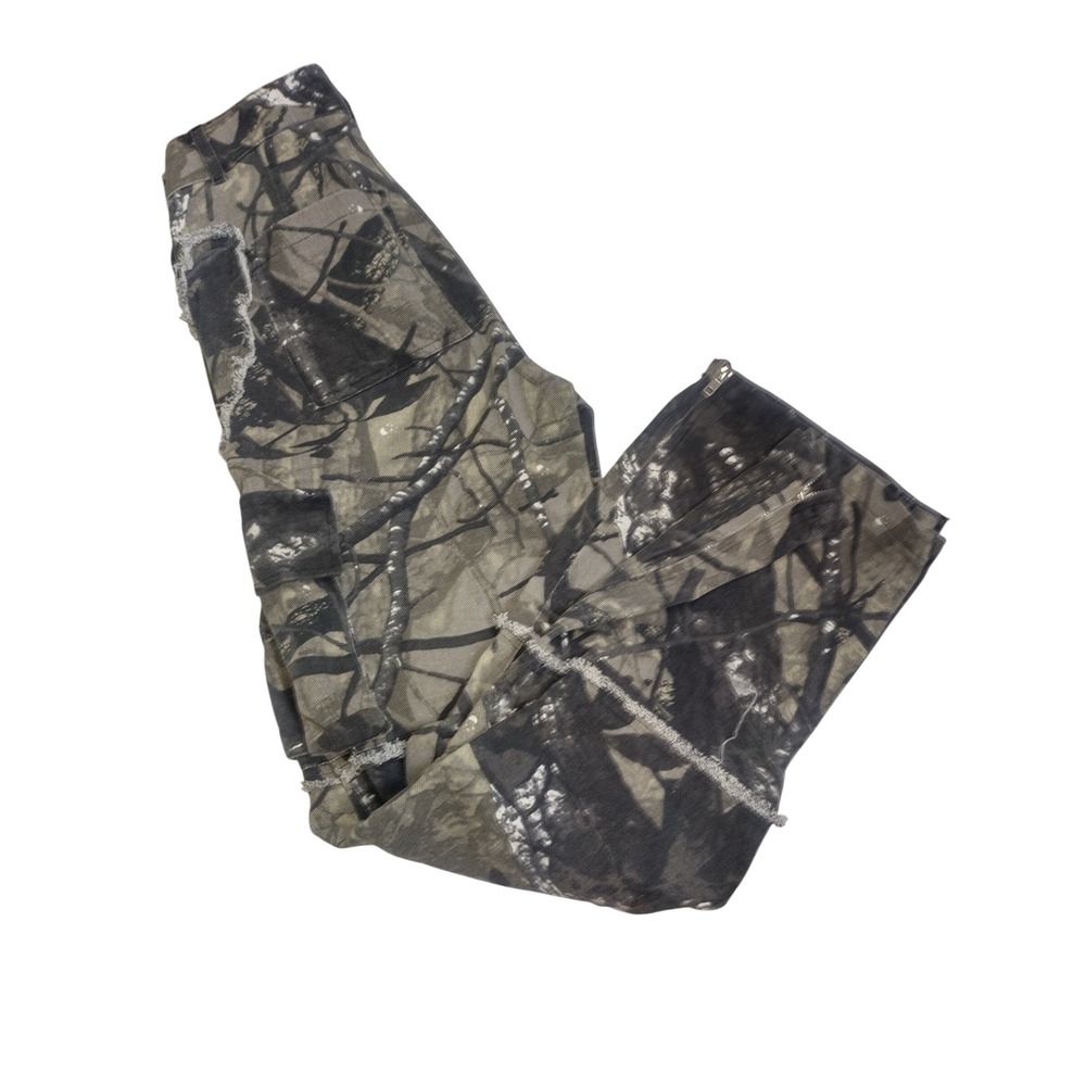 KGYA Mens Real Tree Camo Patchwork Cargo Pants Grey Black Frayed W28 L30 NEW